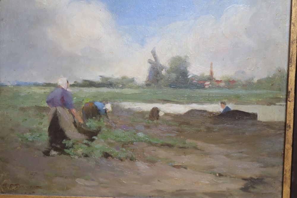 Janet Sutherland Davidson (19th/20th century), Dutch landscape with figures working in a field by a river, 29cm x 34.5cm